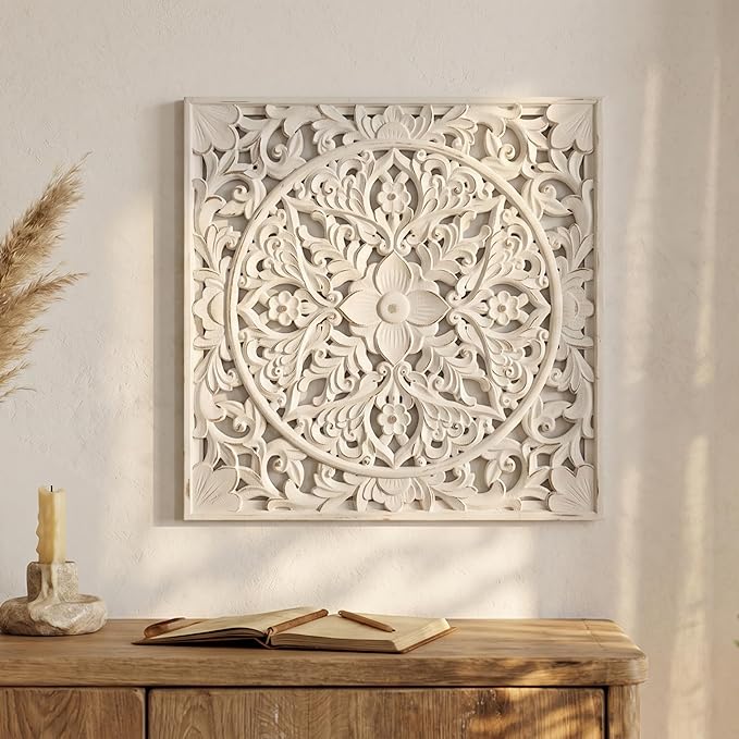 XIAOAIKA Boho Carved Wood Wall Sculpture, Intricate Floral Mandala Design with Distressed White Finish, Vintage Farmhouse Wall Art Panel with Solid Wood Frame for Bedroom Entryway (22" x 22")