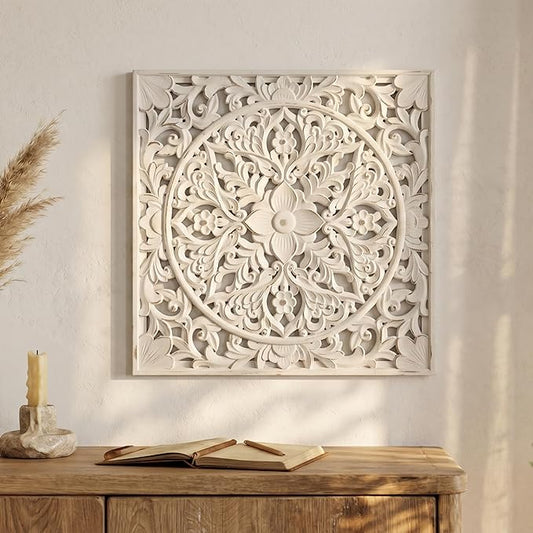 XIAOAIKA Boho Carved Wood Wall Sculpture, Intricate Floral Mandala Design with Distressed White Finish, Vintage Farmhouse Wall Art Panel with Solid Wood Frame for Bedroom Entryway (22" x 22")