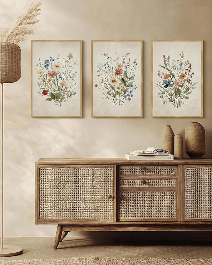 Drsoum Vintage Flower Bouquet Framed Retro Wildflower Botanical Pictures Prints Modern Colorful Floral Rustic Artwork Bedroom Living Room Ready to Hang 16x24in Natural Framed