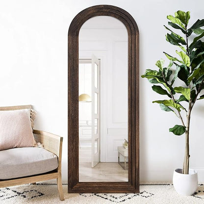 NeuType Arched Full Length Mirror, 65x22in Rustic Wood Frame Full Body Dressing Mirror, Wall-Mounted or Leaning Against Wall Standing Mirror, Farmhouse Decor for Bedroom Living Room, Charcoal Grilled
