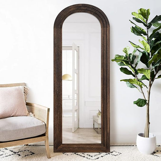 NeuType Arched Full Length Mirror, 65x22in Rustic Wood Frame Full Body Dressing Mirror, Wall-Mounted or Leaning Against Wall Standing Mirror, Farmhouse Decor for Bedroom Living Room, Charcoal Grilled