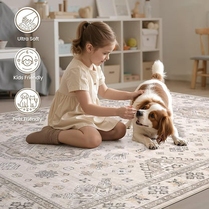 EIEIHOUSE Washable Area Rugs for Living Room -8x10 Neutral Vintage Distressed Floral Farmhouse Boho Large Soft Floor Rug Indoor Non Slip Carpet for Living Room Bedroom Dining Room Office -Beige Brown
