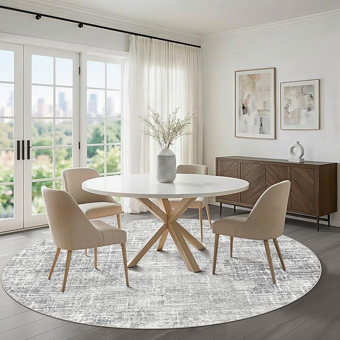 7ft Round Rug Living Room: 7x7 Washable Large Neutral Grey Circle Area Rug Abstract Soft Modern Stain Resistant Indoor Floor Non-Slip Carpet for Bedroom Nursery Kids Office Playroom Dining Room