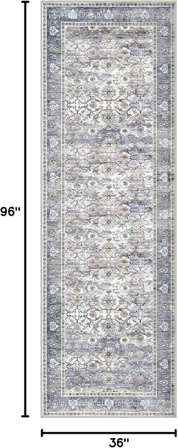 KUTA Vintage Wide Runners for Hallways 3x8 ft Washable Kitchen Runner Non Slip Rubber Backed Grey Blue Hall Runners Entryway Runner Rugs Floor Carpet for Indoor Backdoor Bedroom Kitchen