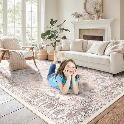 BESTSWEETIE 8x10 Area Rug Washable Rugs for Living Room, No Pile Boho Carpet for Entryway Bedroom Dinning Room, Vintage Carpet Print Distressed Non-Slip, 8 x 10 ft, Pink Beige Grey