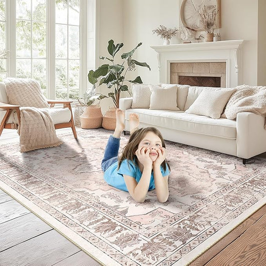 BESTSWEETIE 4x6 Area Rug Washable Rugs for Living Room, No Pile Boho Carpet for Entryway Bedroom Dinning Room, Vintage Carpet Print Distressed Non-Slip, 4 x 6 ft, Pink Beige Grey