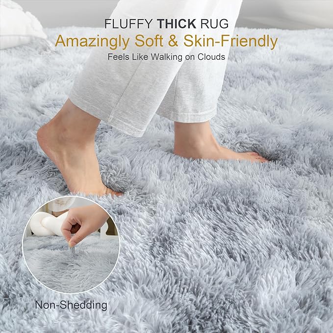 KICHOWUA Thick Area Rug Light Grey Fluffy 4x6 for Bedroom, Soft Shag Comfy Washable Rug for Living Room Dorm Kids Baby Nursery, Plush Shaggy Non-Slip Fuzzy Carpet, Tie Dye Gray