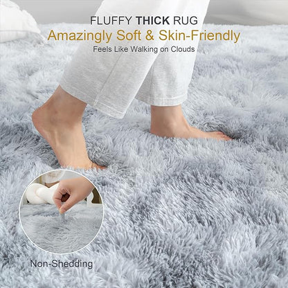 KICHOWUA Thick Area Rug Light Grey 6x9 Fluffy Shag for Bedroom Ultra Soft Plush Fuzzy Washable Thickened Non Slip Carpet for Living Room Dorm Nursery Shaggy Rug for Kids Baby Girls Boys, Tie-Dye Gray