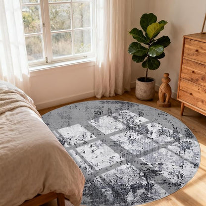 ROYHOME Modern Abstract 6x6 Round Area Rug Non Slip Non Shedding Rug Low Pile Stain Resistant for Bedroom Living Room Office Dining Room,Grey