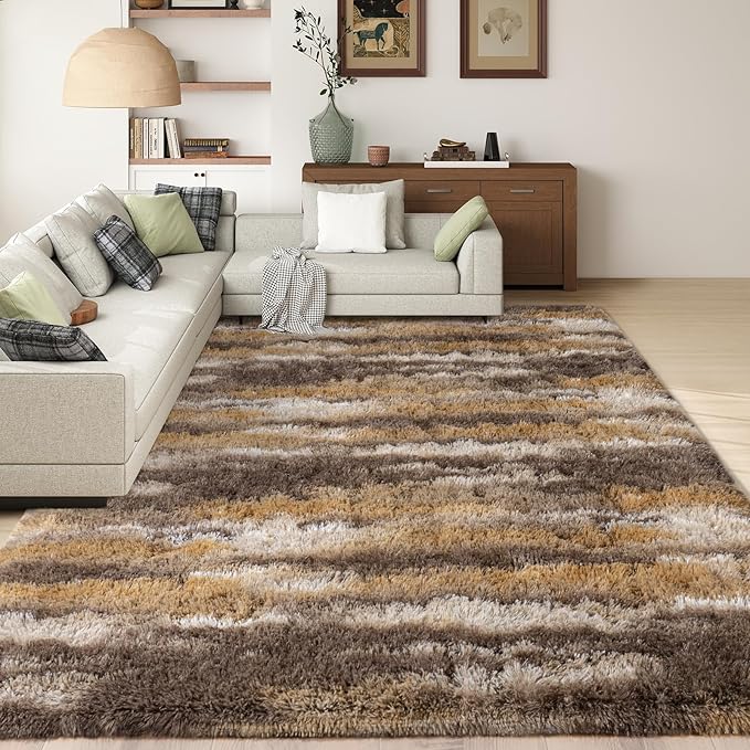 Shag Rugs for Bedroom, 4x6 Abstract Brown Soft Fuzzy Rugs for Living Room, Fluffy Shaggy Plush Carpet Girls Kids Room Dorm Upgrade Non-Slip
