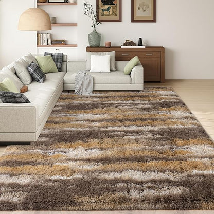 Shag Rugs for Living Room 9x12, Ultra Soft Abstract Brown Big Fuzzy Rugs for Bedroom, 9 x 12 Fluffy Shaggy Plush Carpet Girls Kids Room Dorm Upgrade Non-Slip