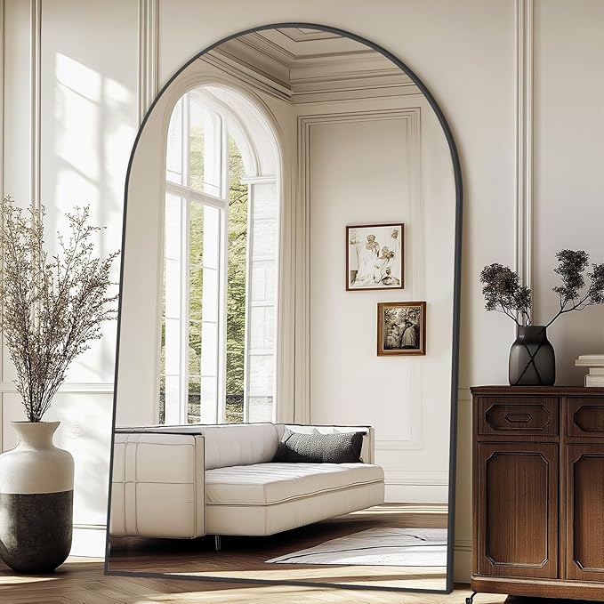 Oversized Floor Mirror Full Length with Stand, 72"X44" Extra Large Arch Standing Mirror Full Length, Tempered Glass Black Full Body Mirror for Bedroom Living Room, Aluminum Alloy Frame