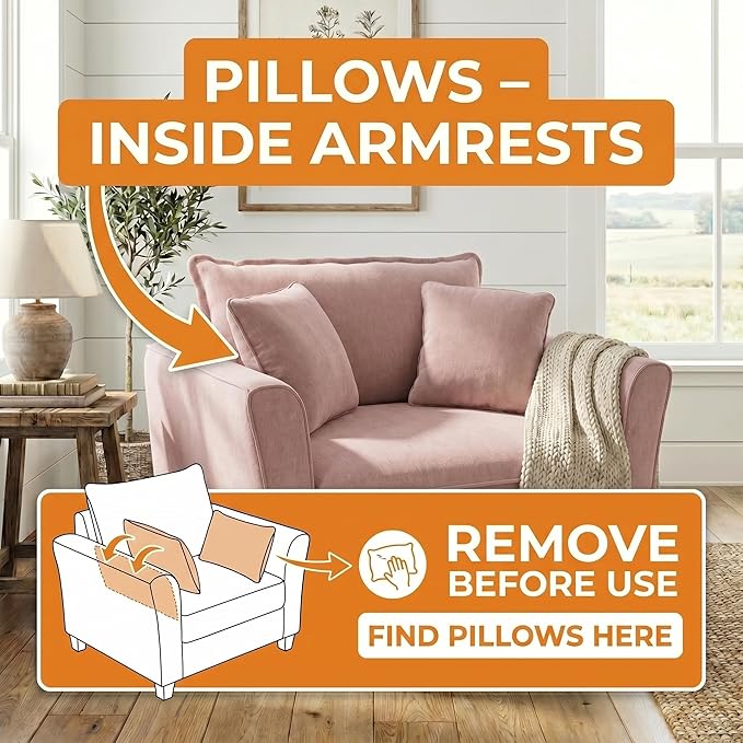 Merax 46.3" Chenille Accent Chair, Oversized Reading Armchair w/2 Pillows, Modern Corner Single Cloud Sofa Arm Chairs, Comfortable Living Room Deep Cushion Seating for Office & Apartment, Pale Pink