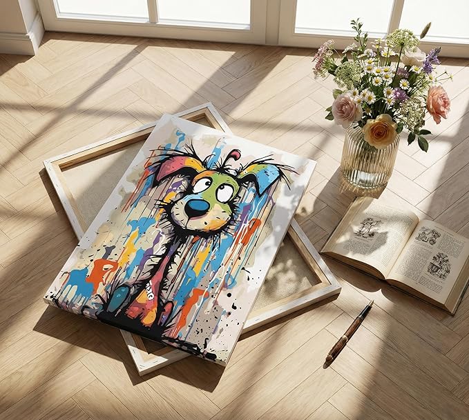 Colorful Graffiti Cartoon Dog Canvas Wall Art Abstract Doodle Animals Wall Decor Picture Vibrant Playful and Fun Cartoon Style Puppy Poster Printing for Living Room Bedroom Artwork Home Decoration
