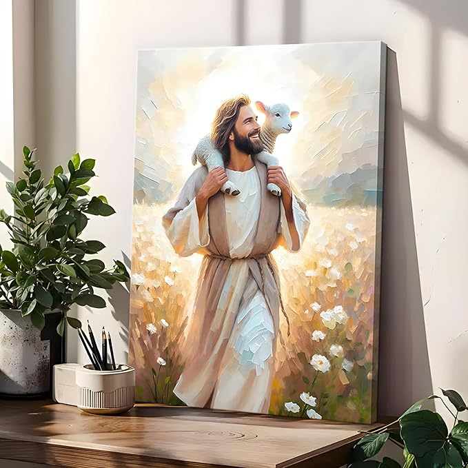 Jesus Canvas Wall Art Print – Christian Wall Decor Poster Painting of Jesus Carrying the Lamb, Inspirational Religious Decor for Living Room, Church or Prayer Room – 16"x24" Framed
