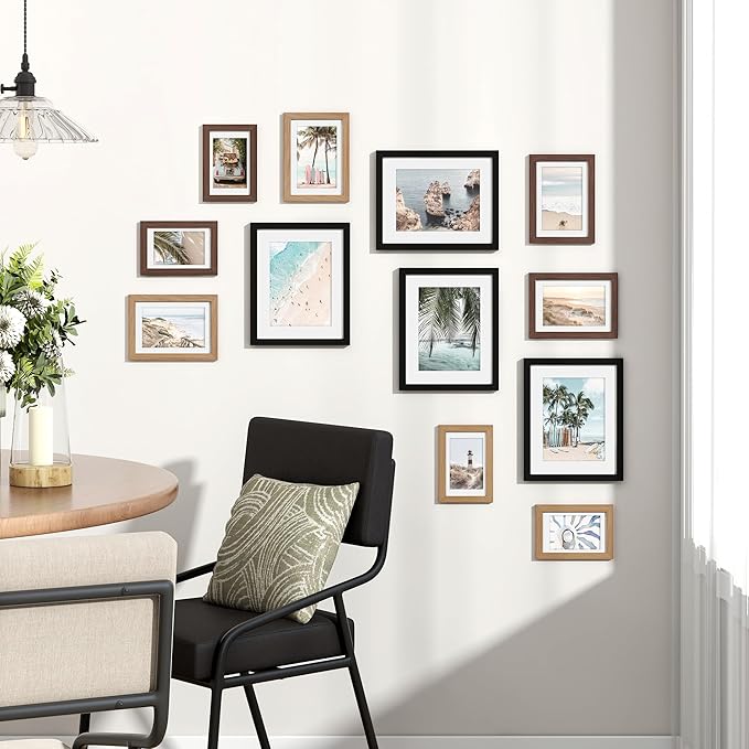 Venusmiles 12 Pack Picture Frames Collage Wall Decor, Gallery Frame Set for Wall Mounting or Tabletop Display, Multi Sizes Including 4pcs 8x10, 4pcs 5x7, 4pcs 4x6, Black+Oak+Walnut