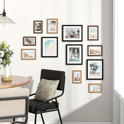 Venusmiles 12 Pack Picture Frames Collage Wall Decor, Gallery Frame Set for Wall Mounting or Tabletop Display, Multi Sizes Including 4pcs 8x10, 4pcs 5x7, 4pcs 4x6, Black+Oak+Walnut
