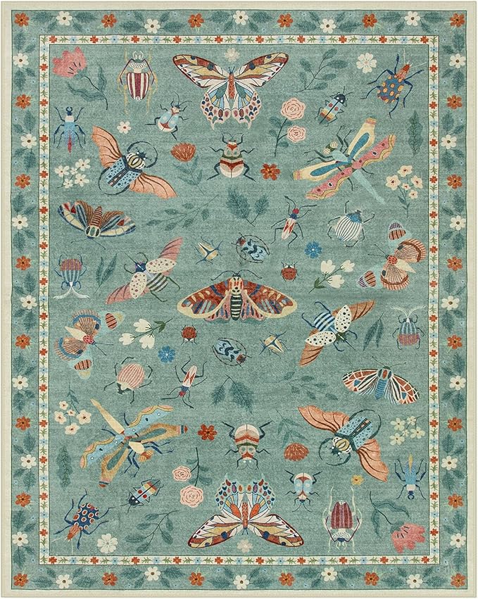 Lahome Insect 8x10 Area Rugs, Soft Washable Rugs 8x10 Living Room Green Rugs for Bedroom Dining Room, Ultra-Thin Modern Rug Stain Resistant Large Carpet for Nursery Vionnet(8'x10',Green)