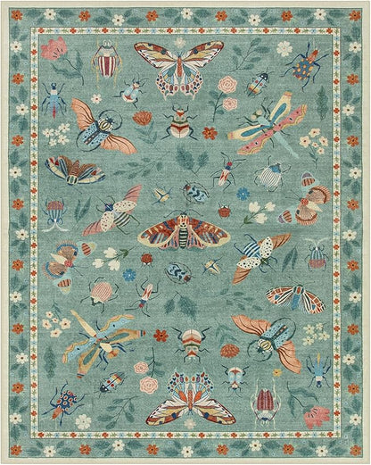 Lahome Insect 9x12 Area Rugs for Living Room Bedroom, Soft Washable Rugs 9x12 Stain Resistant, Ultra-Thin Non-Slip Non-Shedding Accent Carpet for Dining Room Office Vionnet, Green