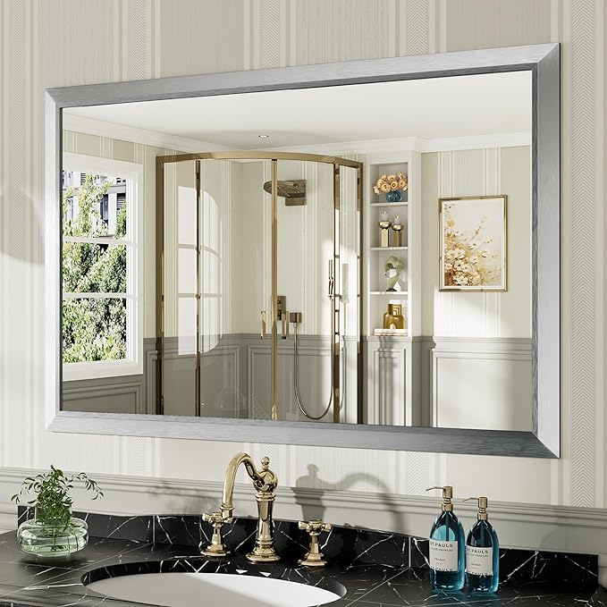 48x32 Inch Brushed Silver Bathroom Mirror for Wall, Thick Metal Framed Rectangle Mirrors for Over Sink, Bedroom, Living Room, Entryway, Anti-Rust, HD Tempered Glass