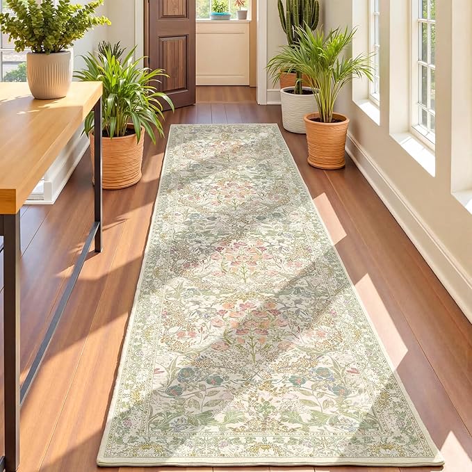 Lunasun Floral 3x8 Wide Hallway Runner - Sage Green with Cream Accent, Boho Forest Decor, Washable Low Pile Non Slip Stain Resistant Rug for Long Kitchen, Large Bathroom, Hall Way