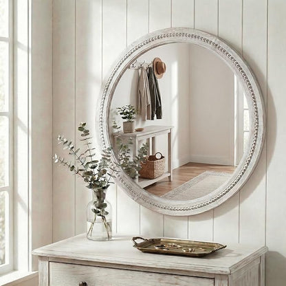 30" White Round Wood Mirror for Bathroom Vanity, Distressed Solid Wood Wall Mirror - French Country Beaded Circle Mirror for Coastal Bedroom & Nursery
