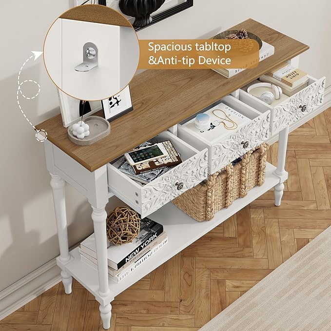 3More Entryway Console Table with 3 Drawers,42" Carved Hallway Table with Open Shelf,Long Sofa Table for Living Room, Hallway, Behind Couch,White