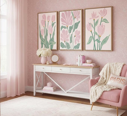 Framed 3 Pcs Pink Tulips Flowers Canvas Wall Art Boho Pink and Green Abstract Floral Botanical Paintings Pictures Wall Decor Poster Print Artwork for Living Room Bedroom Home Decoration