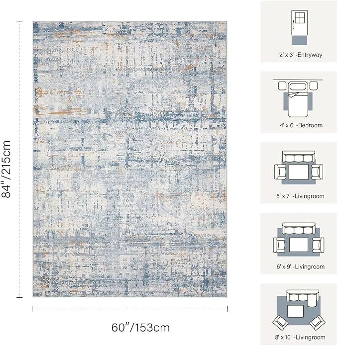 5x7 Area Rugs for Bedroom Living Room,Non-Slip Washable Rug, Modern Abstract Blue Rugs for Dining Room, Foldable Thin Indoor Carpet Stain Resistant(Blue Beige)