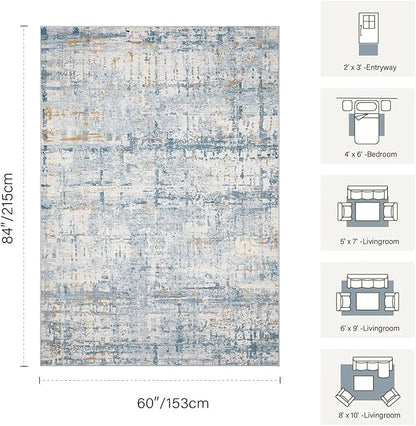 5x7 Area Rugs for Bedroom Living Room,Non-Slip Washable Rug, Modern Abstract Blue Rugs for Dining Room, Foldable Thin Indoor Carpet Stain Resistant(Blue Beige)