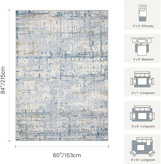 5x7 Area Rugs for Bedroom Living Room,Non-Slip Washable Rug, Modern Abstract Blue Rugs for Dining Room, Foldable Thin Indoor Carpet Stain Resistant(Blue Beige)
