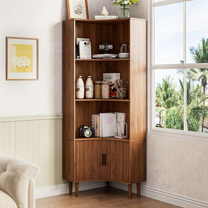 Lxsxlome Fluted Corner Cabinet, 66.928" Tall Corner Floor Cabinet with Sliding Doors and Shelves, Modern Wooden Freestanding Narrow Storage Organizer for Kitchen,Living Room (Walnut, 66.92" H)