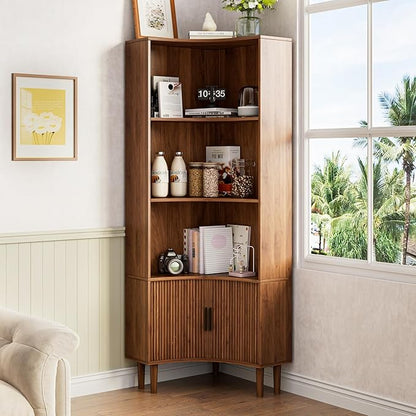 Lxsxlome Fluted Corner Cabinet, 66.928" Tall Corner Floor Cabinet with Sliding Doors and Shelves, Modern Wooden Freestanding Narrow Storage Organizer for Kitchen,Living Room (Walnut, 66.92" H)