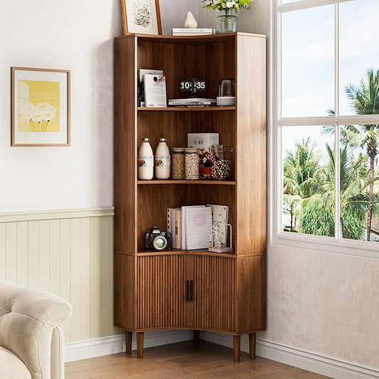 Lxsxlome Fluted Corner Cabinet, 66.928" Tall Corner Floor Cabinet with Sliding Doors and Shelves, Modern Wooden Freestanding Narrow Storage Organizer for Kitchen,Living Room (Walnut, 66.92" H)