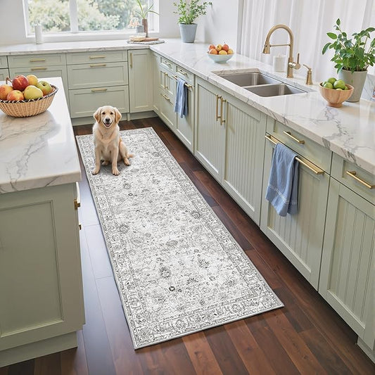 Grey Runner Rug for Hallways Kitchen 2x6, Non Slip Washable Rug with Rubber Backing Soft Floral Carpet Runner for Hallways, Kitchen, Laundry, Bedroom, Bathroom