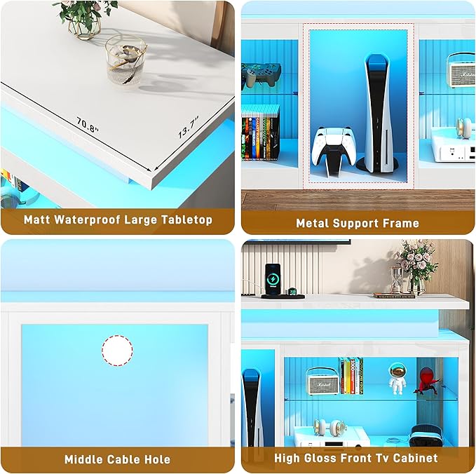 71" LED TV Stand with Power Outlet,60-Colors LED Lights For 65 70 80 in TV,High Gloss Gaming Entertainment Center w/Adjustable Shelves,White TV Console with Modern Design for Living Room Bedroom