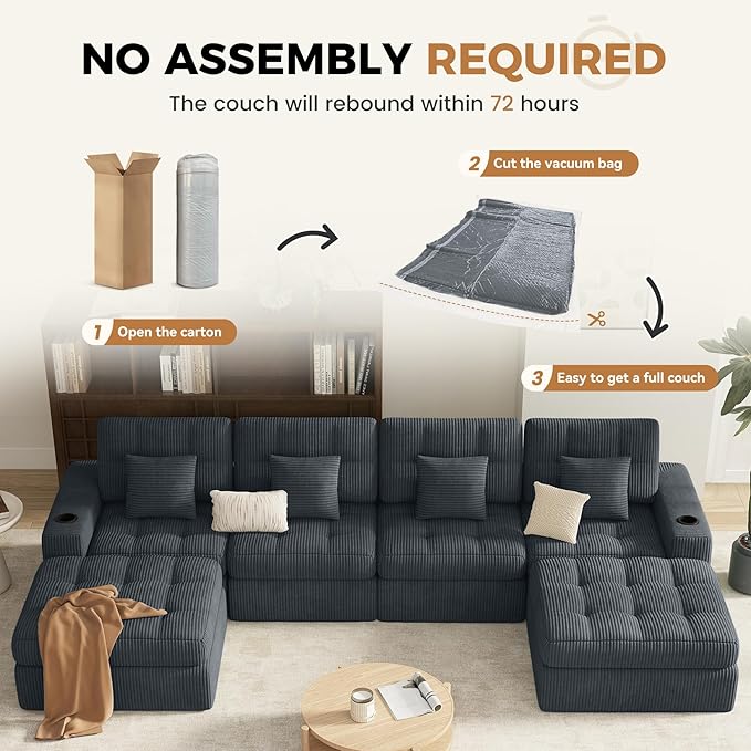 144" U Shaped Cloud Boneless Couch,Modern Modular Sectional Sofa with Layered Cushion,No Assembly Convertible Corduroy Couches for Living Room,Grey 1 PCS