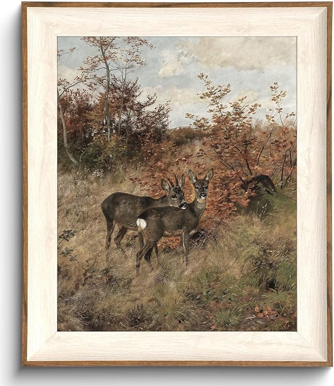 Uniro Vintage Framed Wall Art, Classical Fall Countryside Landscape Oil Painting, Rustic Autumn Deer Hunting Lodge Decor, Farmhouse Wall Decor Canvas Prints Artwork with Antique Frame, Victorian Wall Picture Decor for Gallery Living Room - 10"x12"