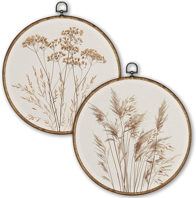 TLESKE Beige Rustic Fall Botanical Round Wall Art Decor Set of 2, Boho Wildflower Floral Framed Canvas Prints Wall Art Artwork, Neutral Vintage Farmhouse Hanging Decor for Bedroom Living Room 10x10