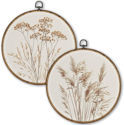 TLESKE Beige Rustic Fall Botanical Round Wall Art Decor Set of 2, Boho Wildflower Floral Framed Canvas Prints Wall Art Artwork, Neutral Vintage Farmhouse Hanging Decor for Bedroom Living Room 10x10