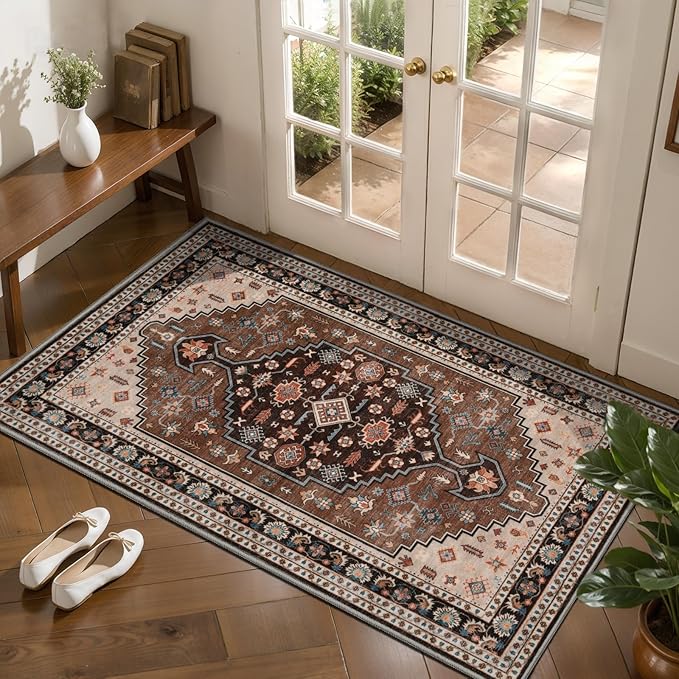 Tangsoo Vintage 2x4 Washable Rug for Entryway,Non Slip Kitchen Rugs Brown Beige Indoor Front Door Rug Small Soft Throw Mat Low Pile Carpet for Porch Kitchen Bedroom Entrance Bathroom