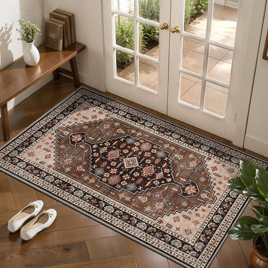 Tangsoo Vintage 2x4 Washable Rug for Entryway,Non Slip Kitchen Rugs Brown Beige Indoor Front Door Rug Small Soft Throw Mat Low Pile Carpet for Porch Kitchen Bedroom Entrance Bathroom