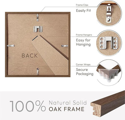 8x8 Picture Frames, Solid Oak Wood 8x8 photo Frame with Mat to 4x4, 8 x 8 Picture Frames for Wall and Tabletop Display, Natural Oak Frame, (Walnut Set of 3)