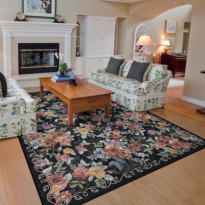 5x8 Machine Washable Area Rug for Living Room, Dark Blue Black Vintage Boho Floral Rug Large Non-Slip Low Pile Soft Faux Wool Carpet, Kids and Pets Friendly for Bedroom Dining Room Farmhouse Decor Rug