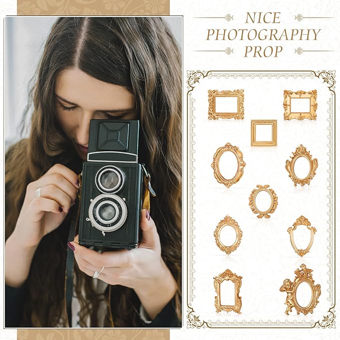Yulejo 10 Pcs Vintage Gold Mini Frames Set, Baroque Victorian Ornate Decorative Frames for Gallery Wall Decor, DIY Jewelry Display, Antique Frame for Home, Wedding, Room, No Glass or Backing (Gold)