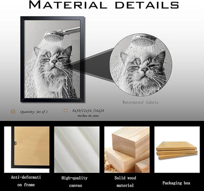 XYHYRA Cute Cat Bathroom Decor Funny Animal Bathroom Wall Art Cat Bathing Wall Decor Poster Painting Black and White Canvas Print Artwork Modern Farmhouse Restroom Home Decoration 16x24 Inch Wood Framed