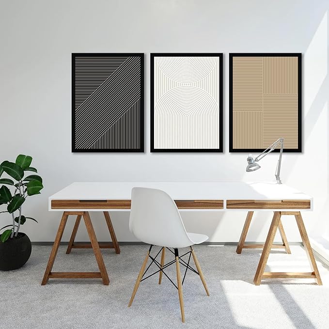 FWAHREN Framed Modern Abstract Minimalist Neutral Canvas Wall Art Set of 3, Geometric Textured Line Mid Century Prints Artwork, Contemporary Japandi Wall Decor, Living Room Bedroom Office, 16x24in