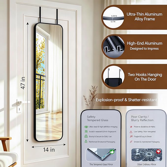 NARCISSUS 47x14 Mirror Door Hanging Full Length,Over Door or Wall Mounted Aluminum Alloy Frame Tempered Glass Rectangle Full Body Mirrors for Bedroom Dressing Living Room Bathroom 47 inch Black
