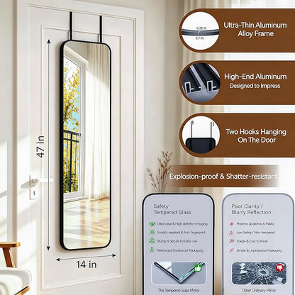 NARCISSUS 47x14 Mirror Door Hanging Full Length,Over Door or Wall Mounted Aluminum Alloy Frame Tempered Glass Rectangle Full Body Mirrors for Bedroom Dressing Living Room Bathroom 47 inch Black