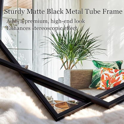 Black Decorative Mirror for Wall Decor, 32"x47" Modern Large Living Room Mirror with Hexagon and Rectangular Metal Frame for Bathroom, Entrance, Bedroom, Dining Room